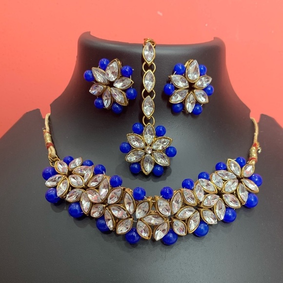 Salwar Kameez Jewelry - Royal blue choker necklace set Pakistani necklace